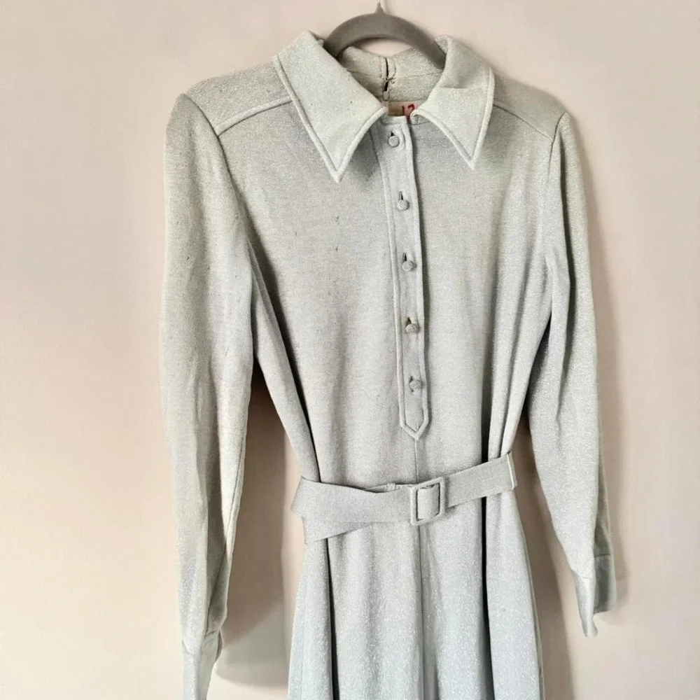 70s Silver Lurex Maxi Dress Disco Metallic Showgirl Shirt Collar Medium Vintage - Picture 3 of 9